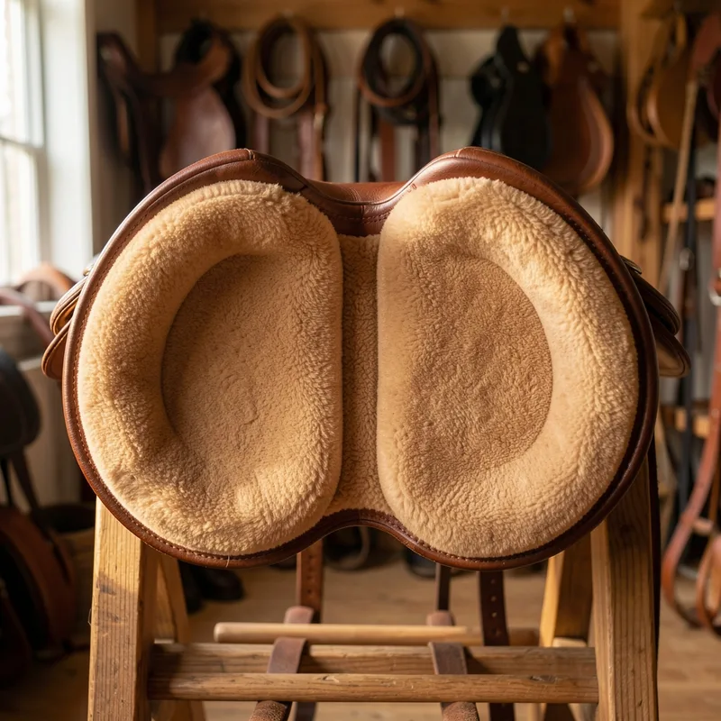 Vue rapprochée des panneaux et de la gouttière sous une selle en cuir posée à l&rsquo;envers sur un chevalet de sellerie