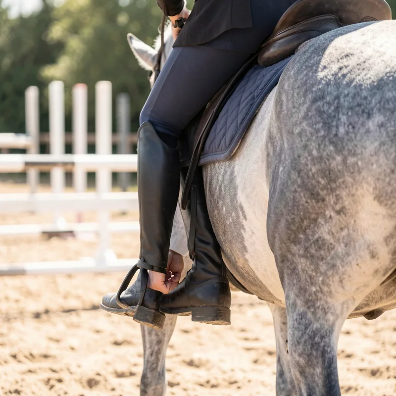 Cavalier en tenue sombre ajustant les étrivières d&rsquo;une selle d&rsquo;obstacle dans une carrière ensoleillée