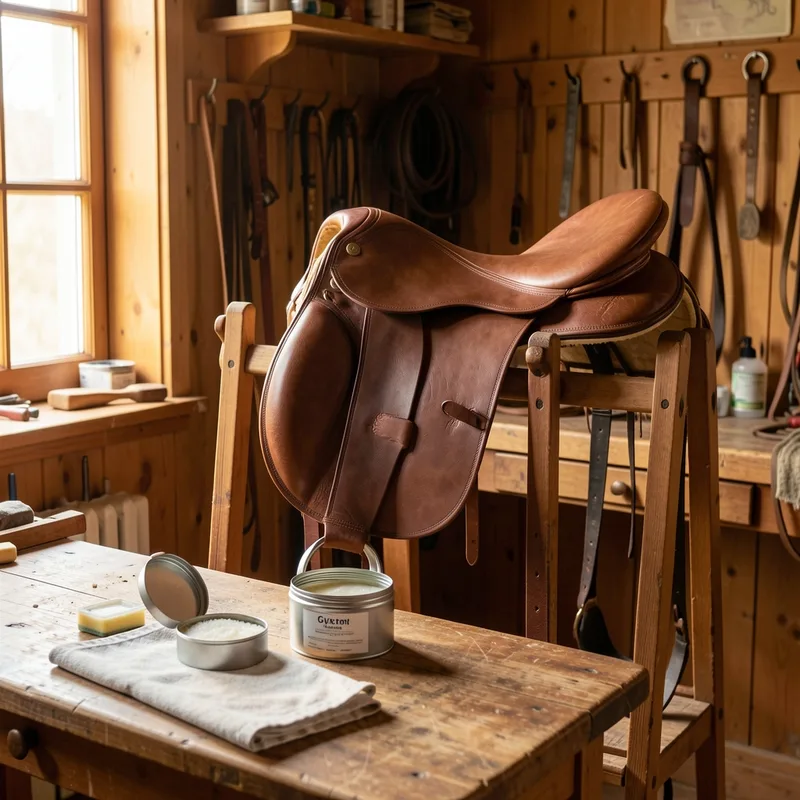 Selle en cuir posée sur une barre de sellerie à côté d&rsquo;un savon glycériné et d&rsquo;une éponge humide dans une sellerie en bois