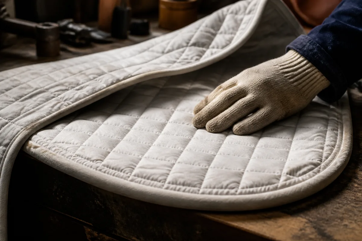 Détail du dessous molletonné d un tapis de selle et de ses coutures plates
